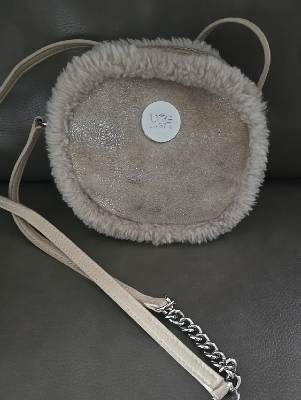 UGG Shearling Crossbody Bag in Beige with Silver Chain. Timeless